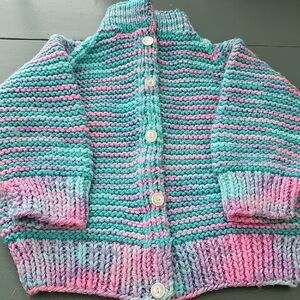 Colorful Pink, Lavender, Blue Striped Knit Cardigan Kid Sweater.